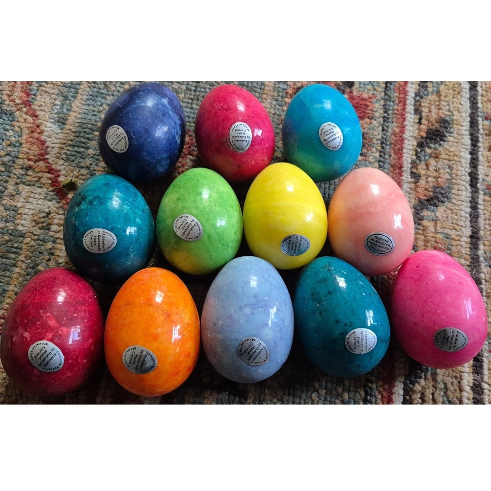 12 Ducceschi Volterra Italy Hand Carved Alabaster Eggs Multi Color Stone Set